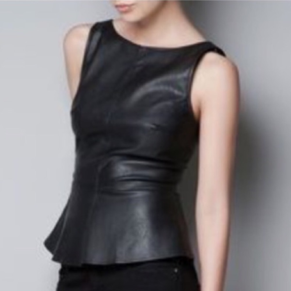 Zara Vegan Leather Peplum Top Boat Neck Backless